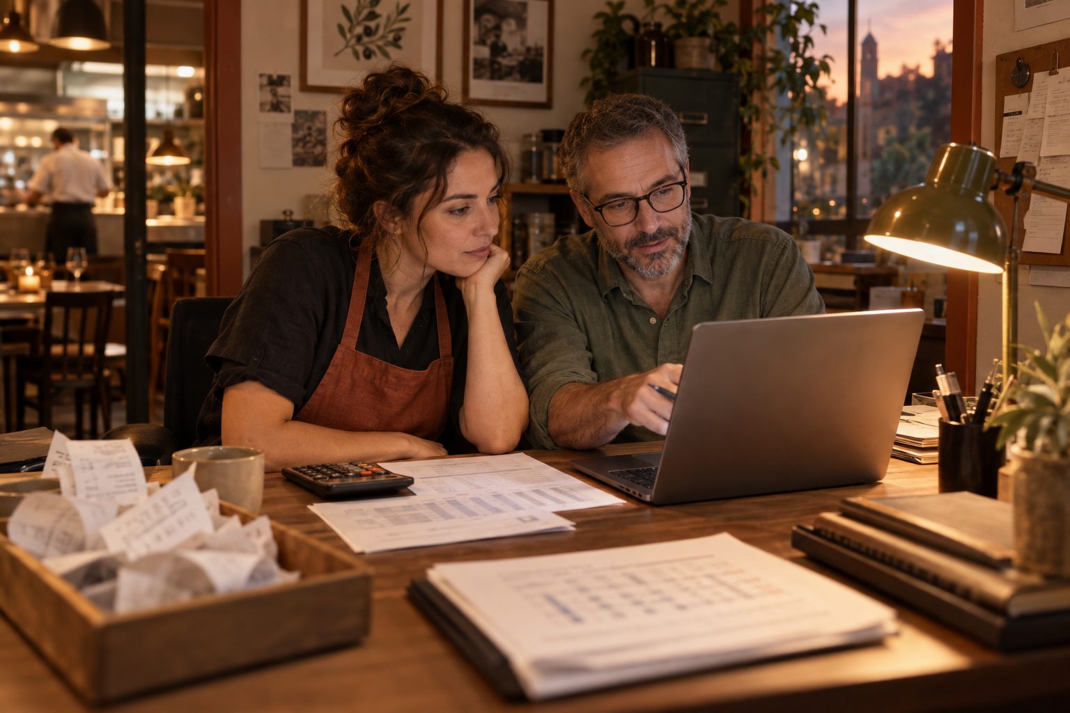 Accountant and restaurant owner reviewing journal entries on a laptop