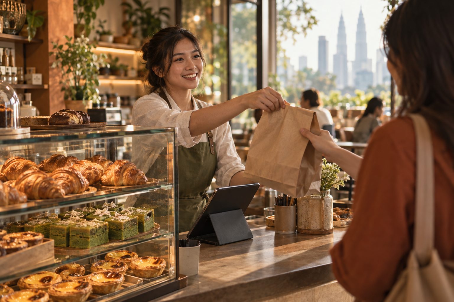 Bakery counter with pastries and a tablet till
