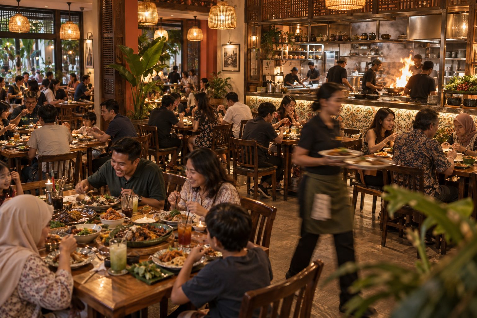 Full, lively Malaysian restaurant dining room at dinner service with a server carrying plates