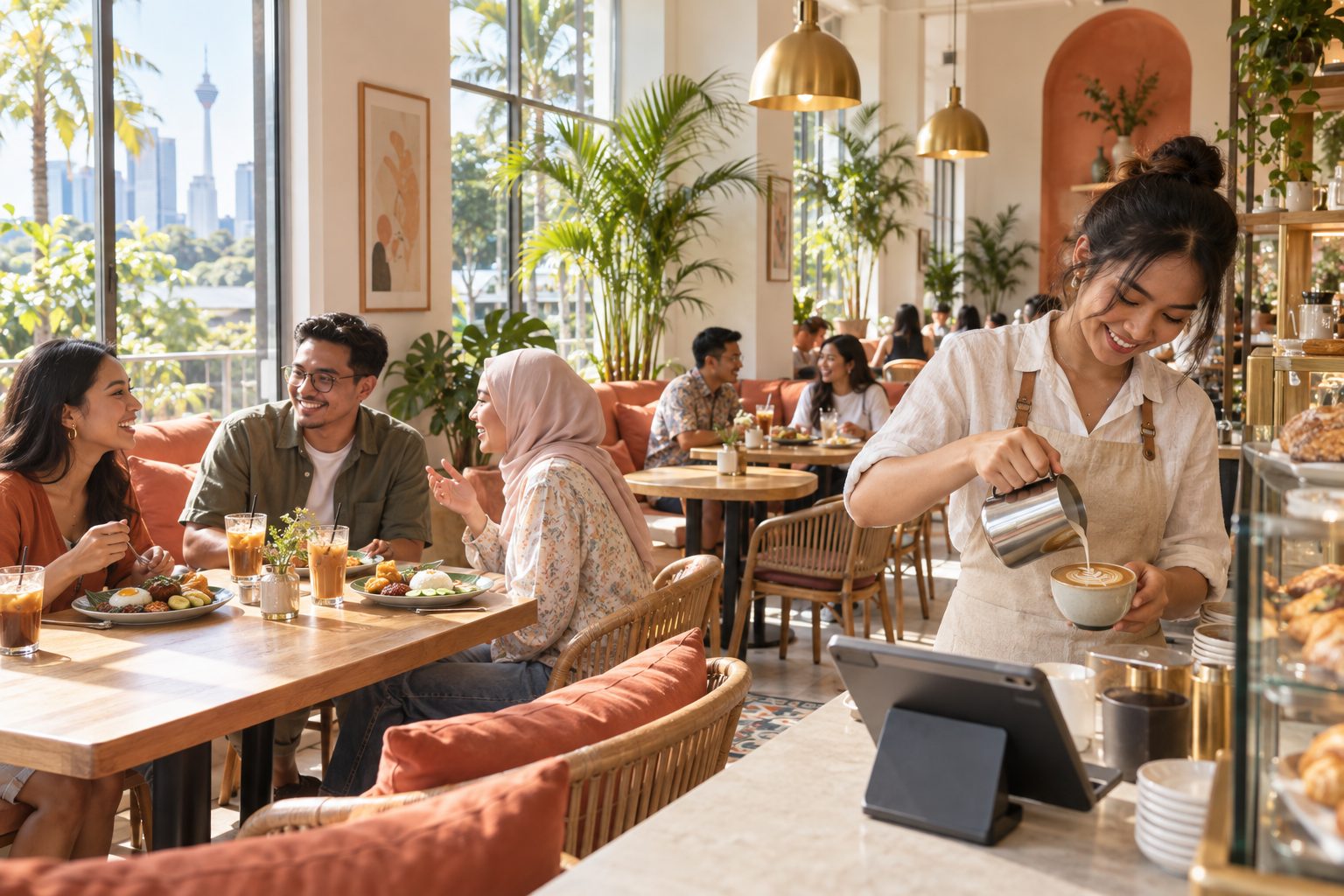 Sunlit Malaysian cafe with a barista pouring latte art beside a tablet till