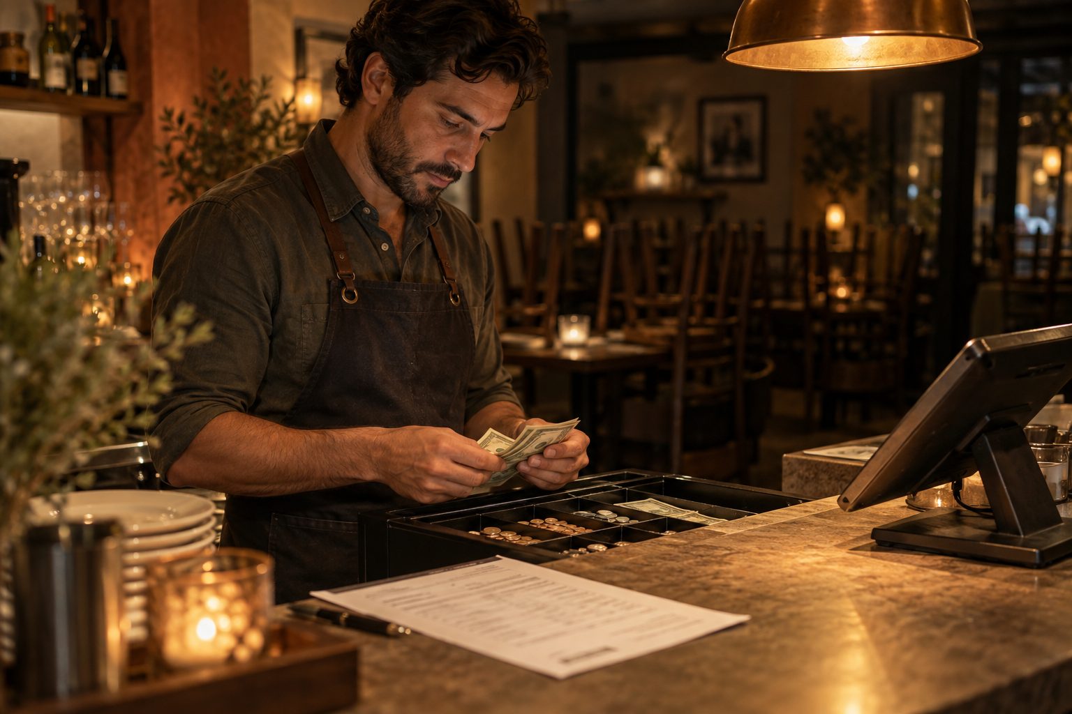 Manager counting cash from an open drawer next to a tablet POS and an end-of-day report