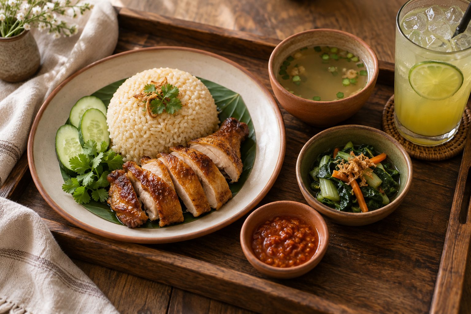 Overhead flat lay of a Malaysian nasi ayam set meal on a wooden tray