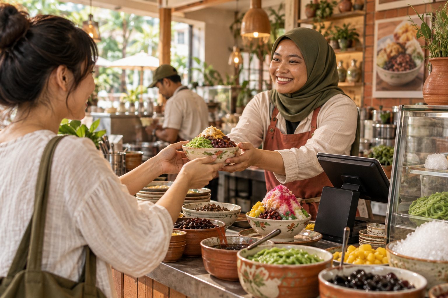 Dessert shop counter serving cendol and ais kacang to a customer, tablet till beside