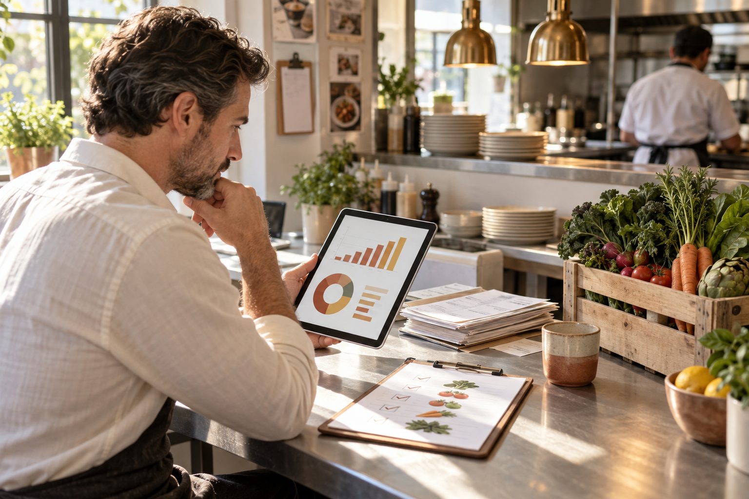 Restaurant owner reviewing a food-cost dashboard on a tablet beside fresh supplier deliveries