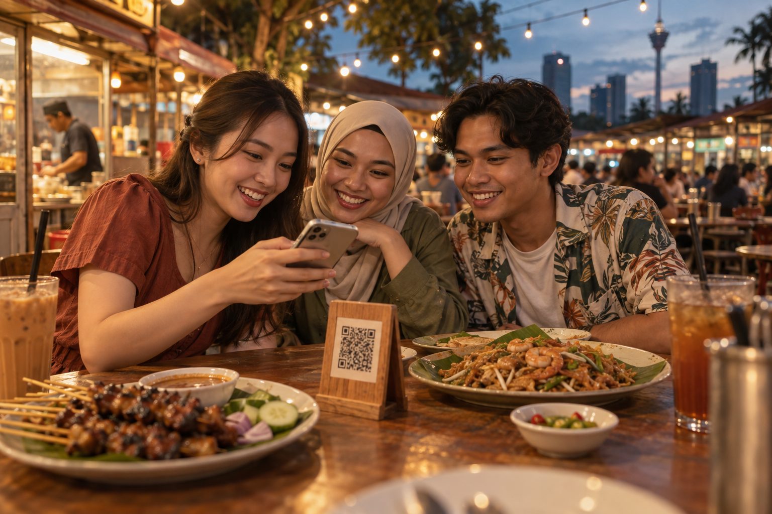 Three friends at a night-market table smiling at a phone beside a wooden QR table tent, with satay and char kway teow