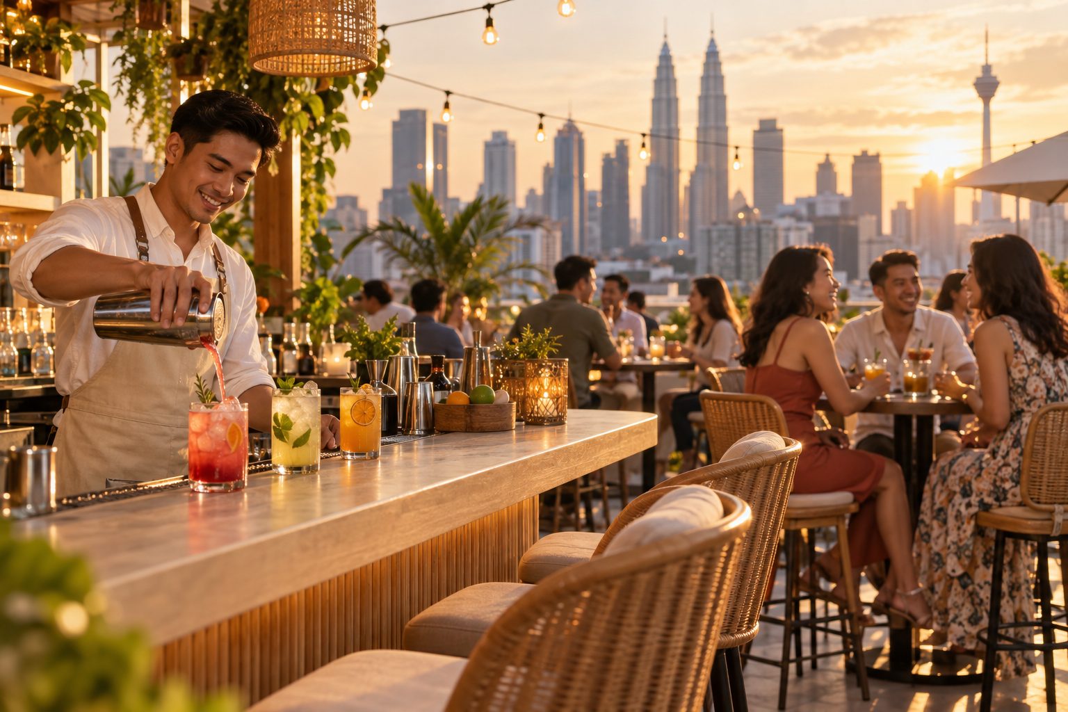 Bartender pouring drinks at a rooftop bar during golden-hour happy hour
