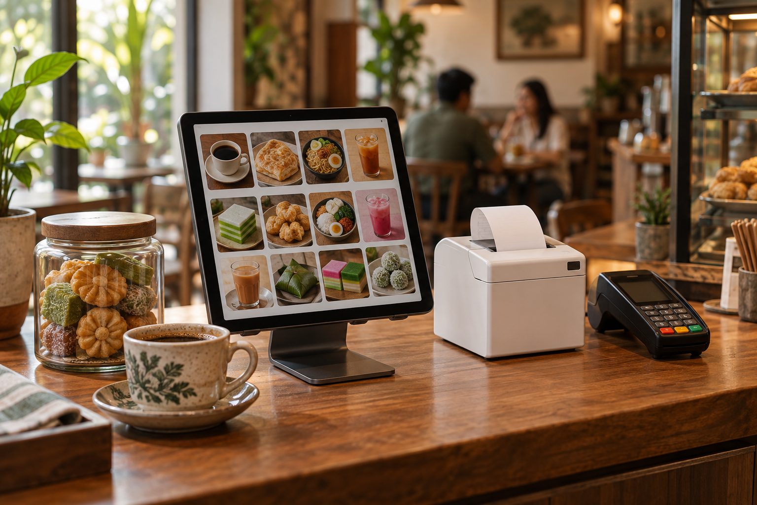 Cafe counter with an iPad point-of-sale on a stand, a white 80mm thermal receipt printer and a card terminal
