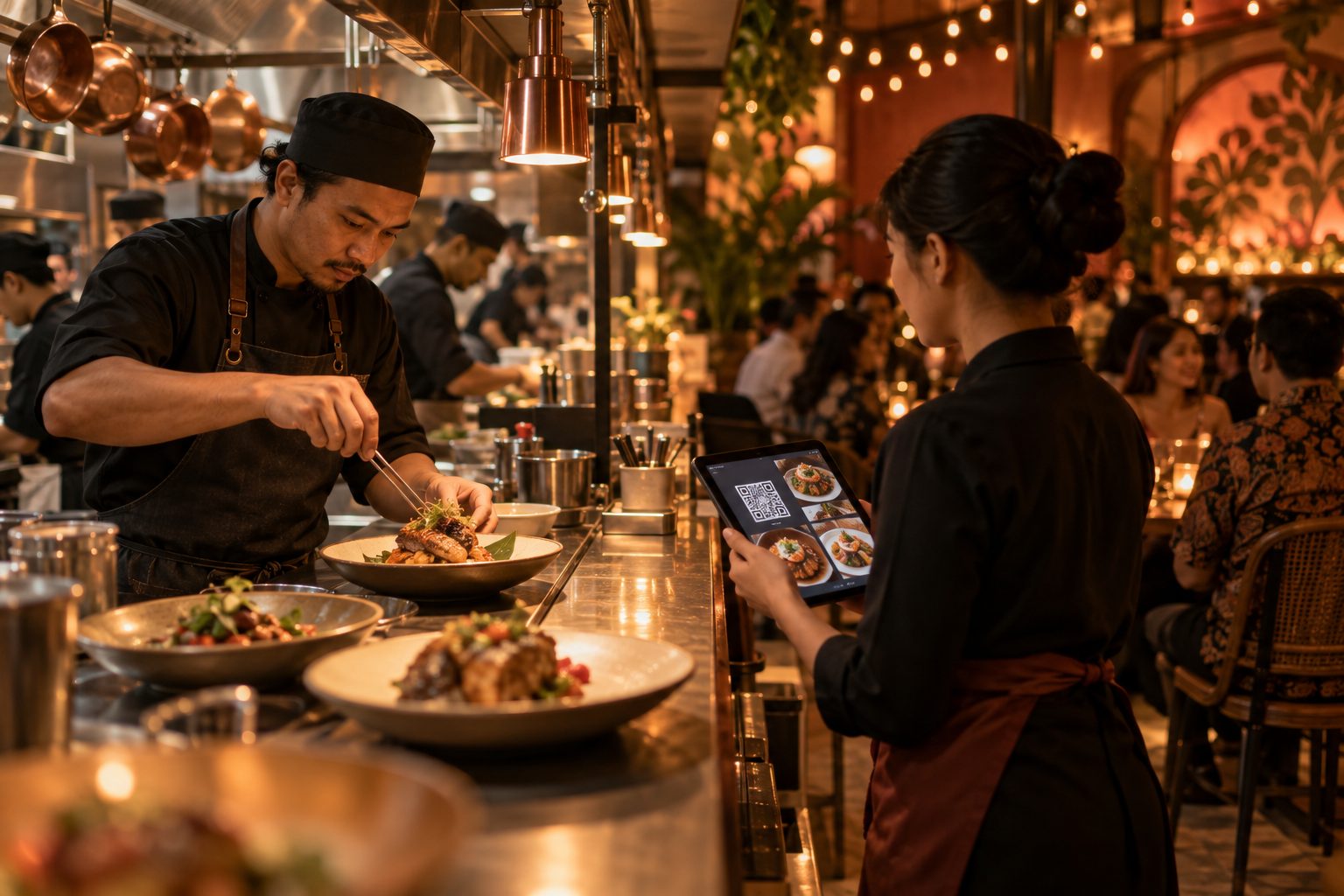 Chef plating a dish at a restaurant kitchen pass while a server checks a QR table-ordering screen