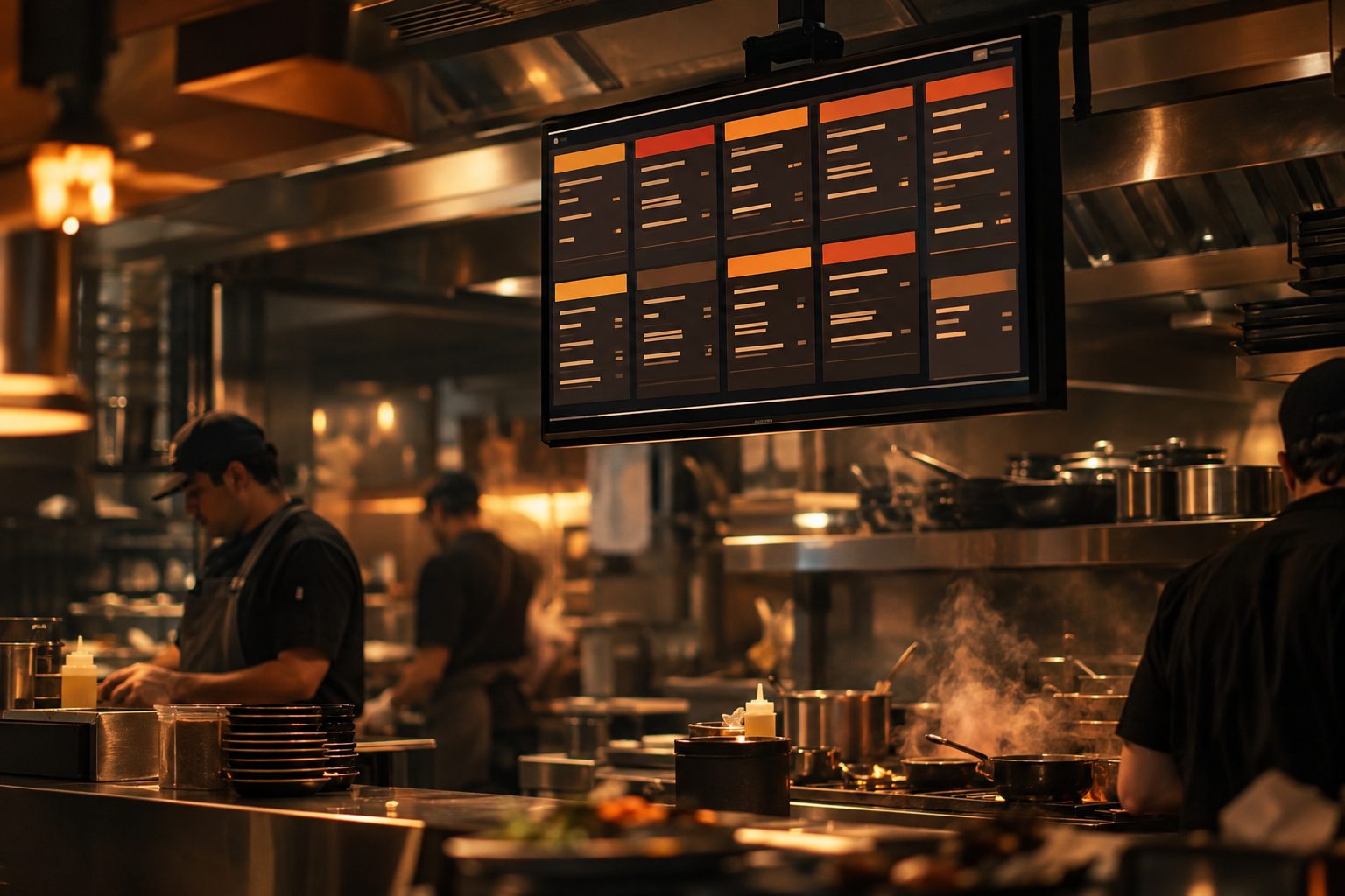Kitchen display system screen above a busy restaurant kitchen line
