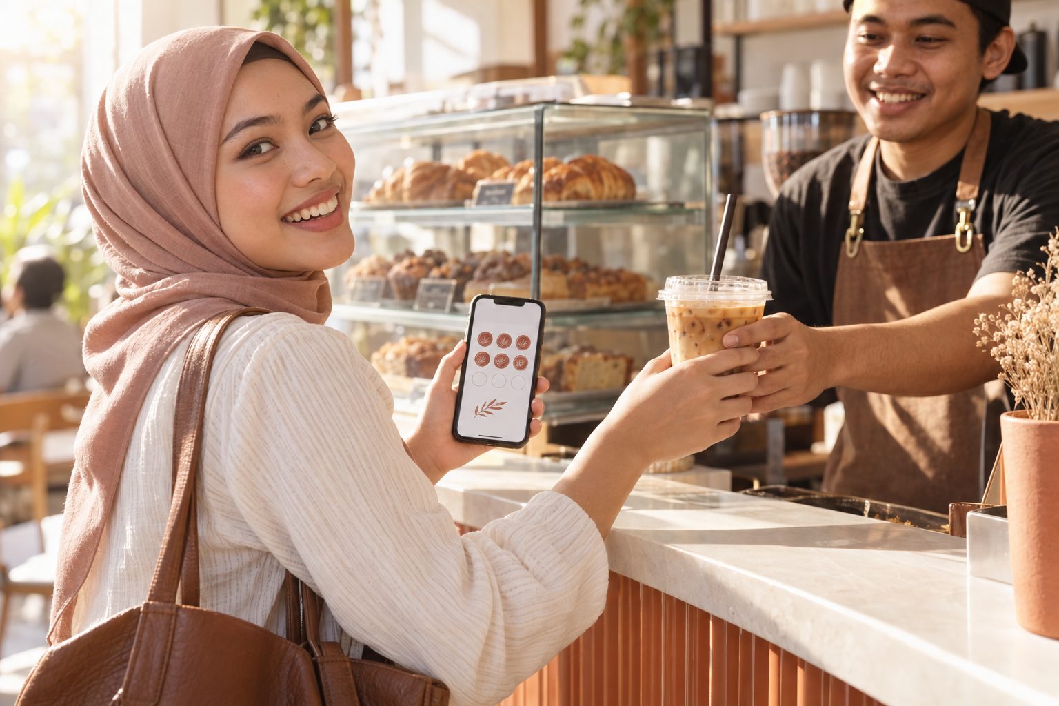 Guest showing a digital loyalty stamp card on her phone while collecting an iced coffee