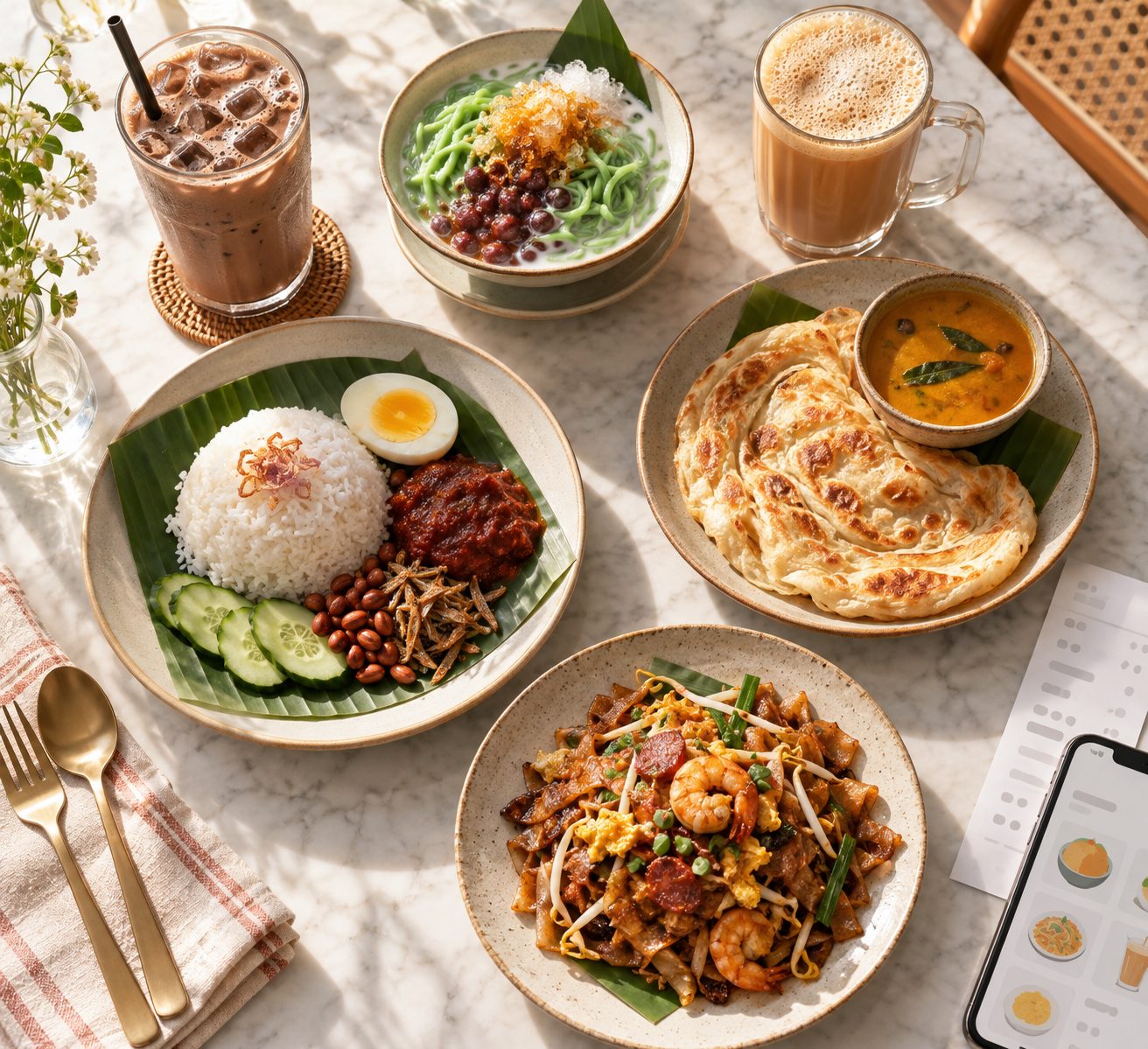 Overhead spread of nasi lemak, roti canai, char kway teow, teh tarik, iced Milo and cendol