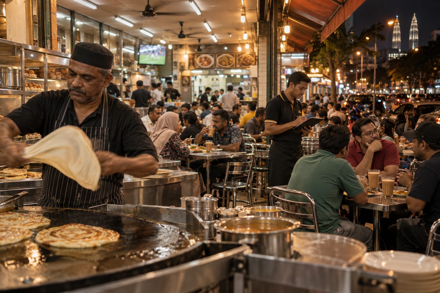 Mamak restaurant at night with a server taking an order on a tablet