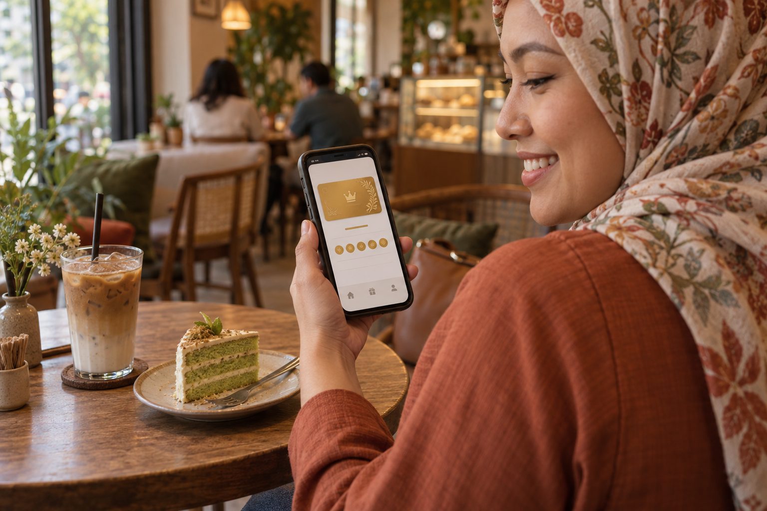 Woman at a cafe table holding a phone showing a gold-tier membership wallet