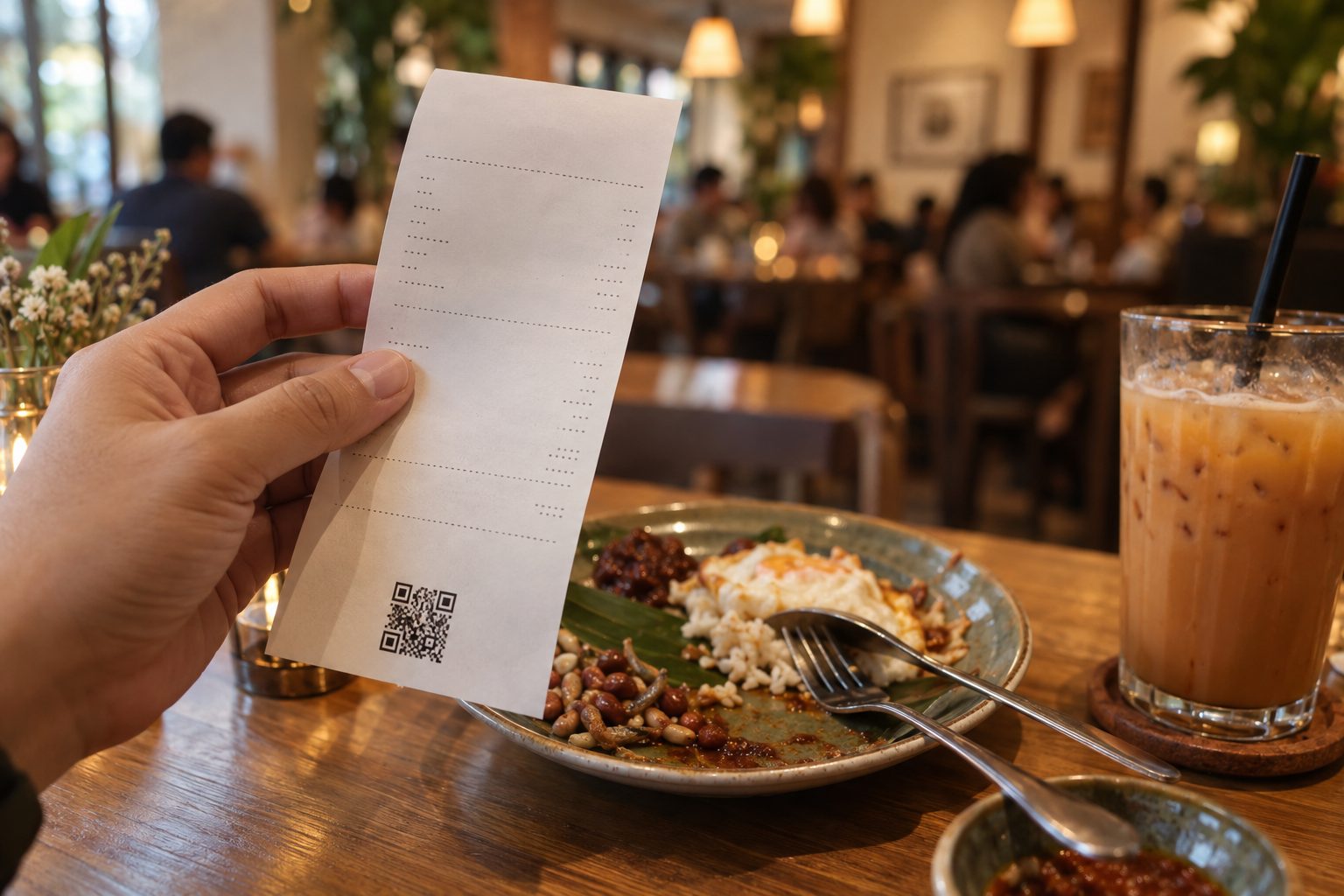 Diner holding a printed restaurant receipt with a QR code beside a finished plate of nasi lemak and a glass of teh ais