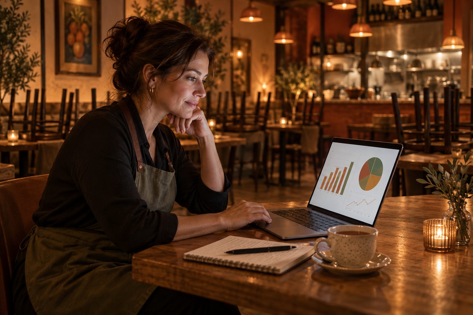 Restaurant owner reviewing sales and food-cost charts on a laptop in an empty dining room after closing
