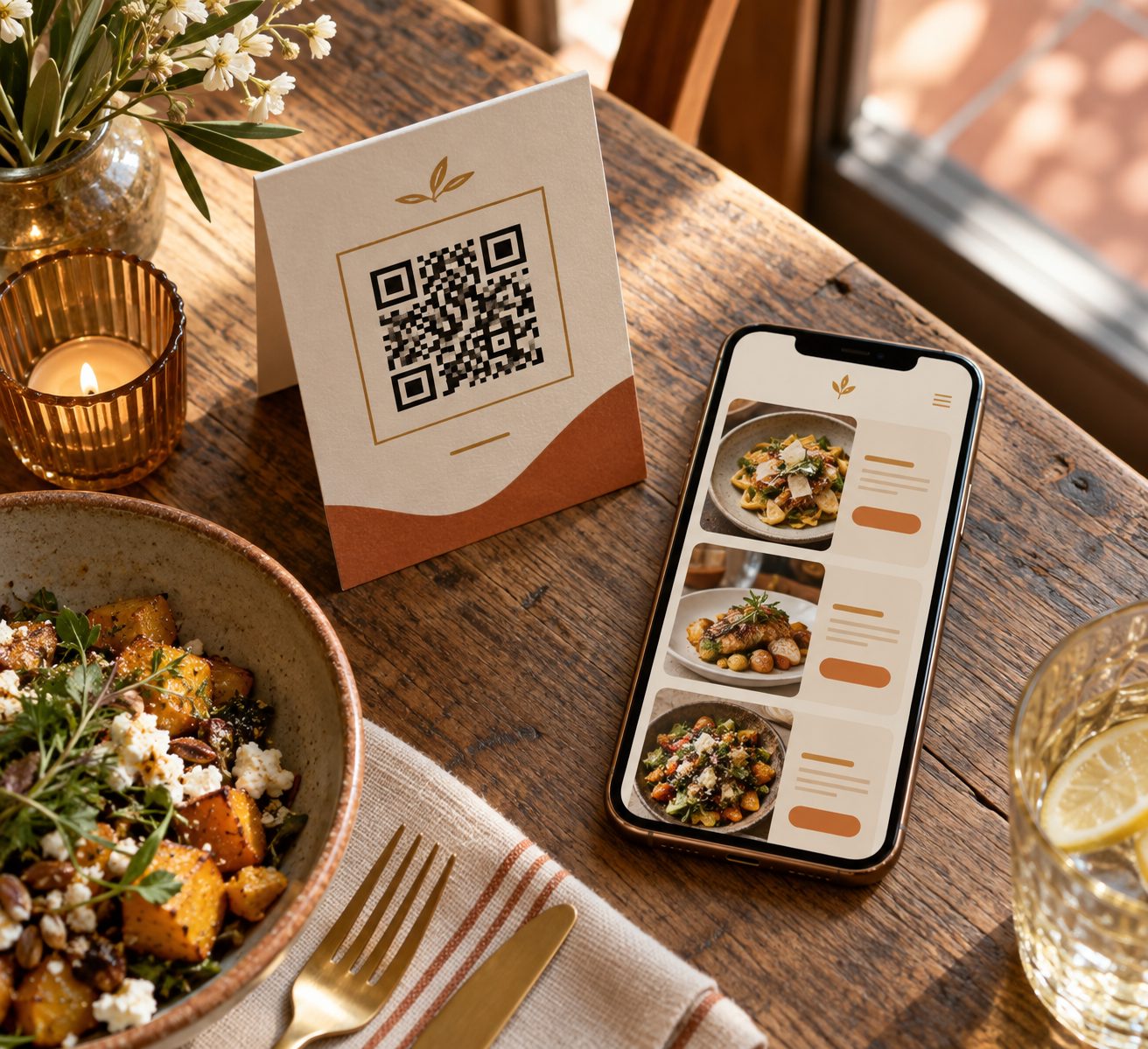QR code table tent beside a phone showing a restaurant ordering menu