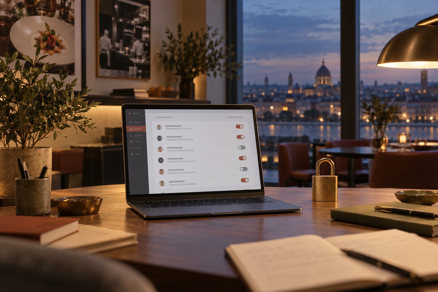 Calm back office desk with a laptop showing staff role permissions and a brass padlock paperweight at blue hour