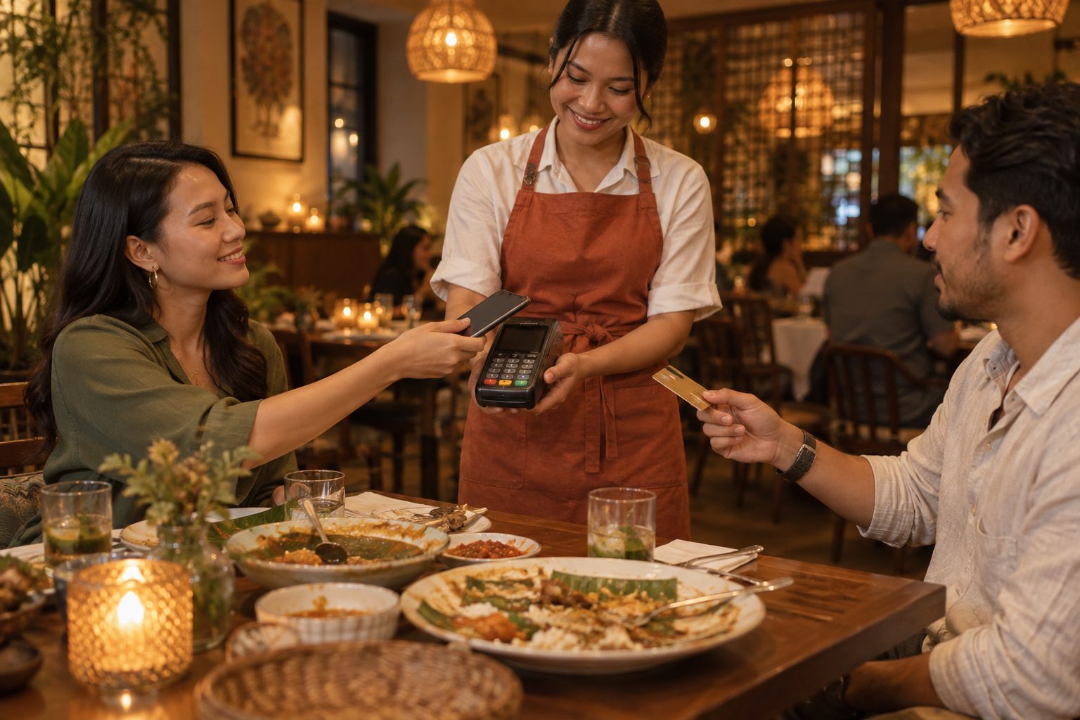Server holding a card terminal while guests pay by phone and by card at the table