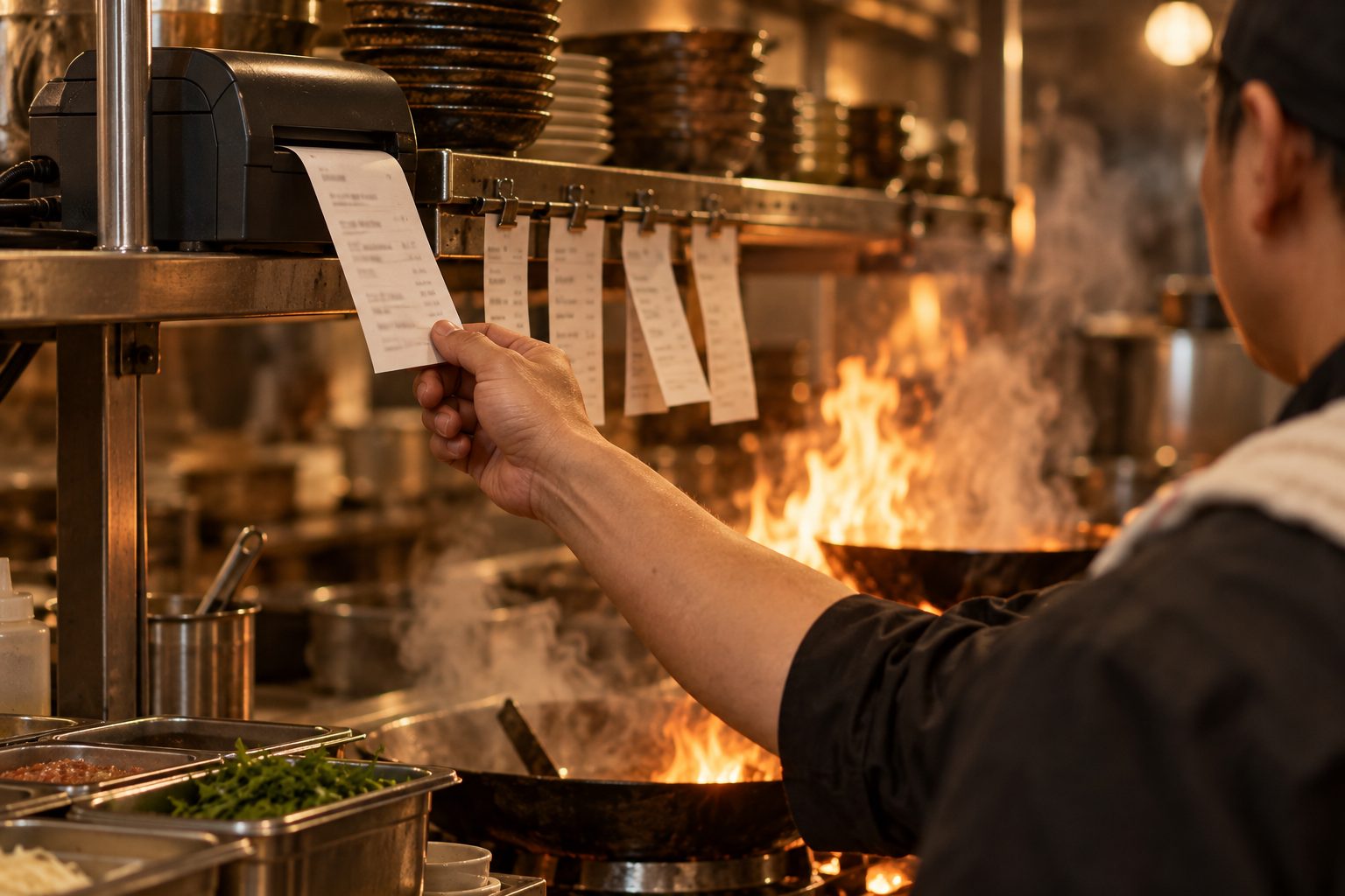 Thermal kitchen printer feeding an order ticket above a wok station