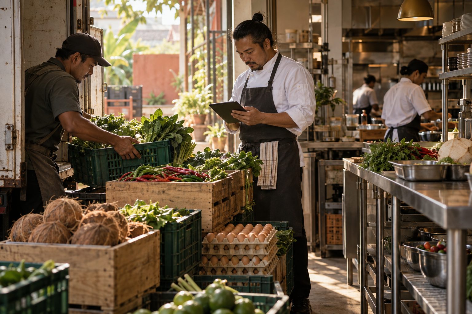 Supplier unloading fresh produce while the head chef checks the delivery on a tablet