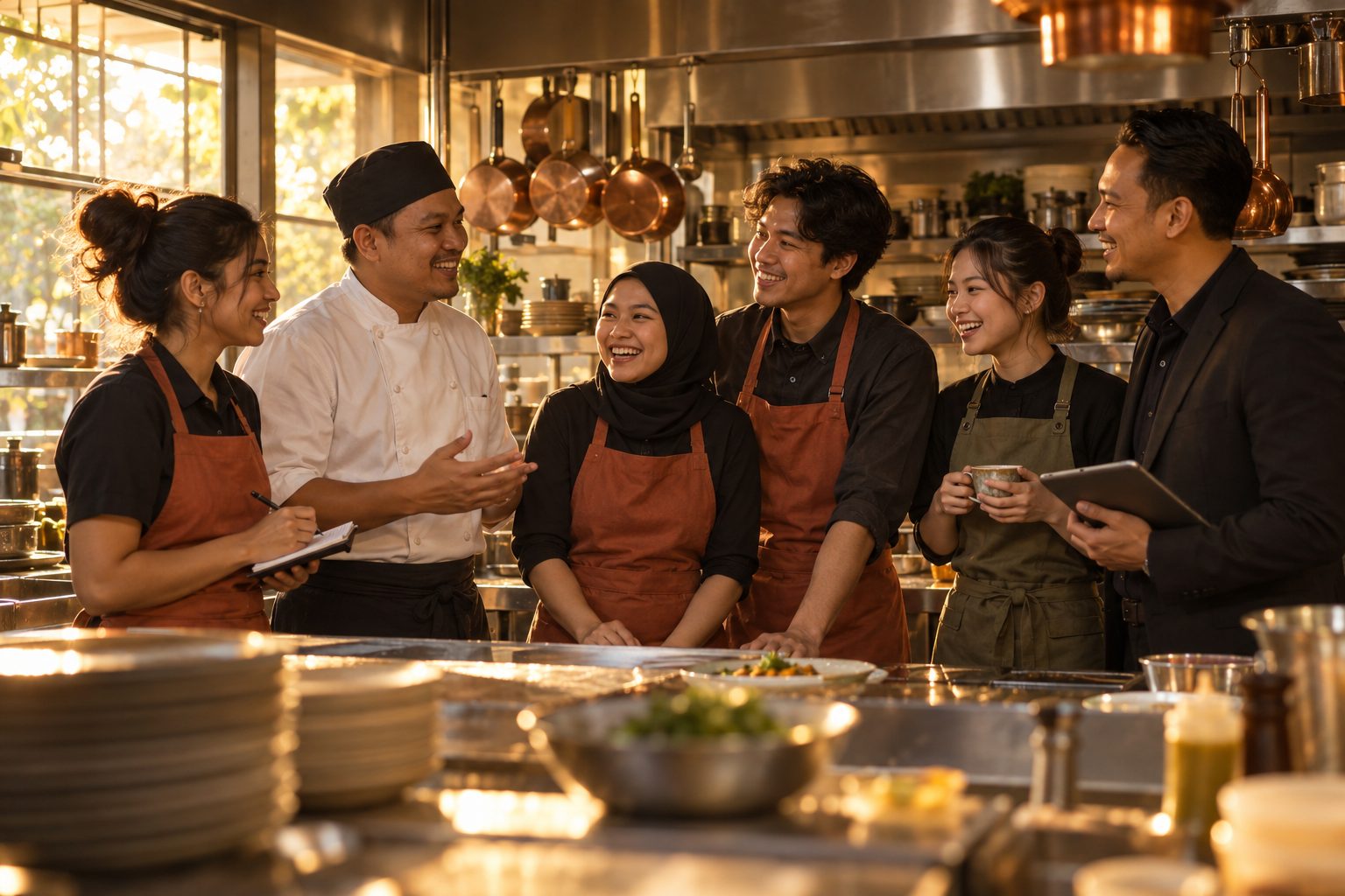 Restaurant team of five laughing together at the kitchen pass during a pre-service briefing