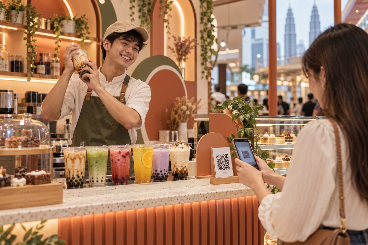 Bubble tea kiosk with a customer scanning a QR code