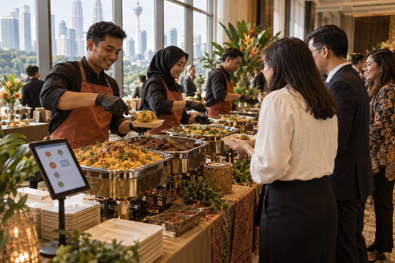 Catering buffet with staff serving guests