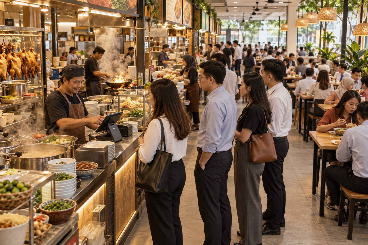 Food court stall taking an order on a tablet